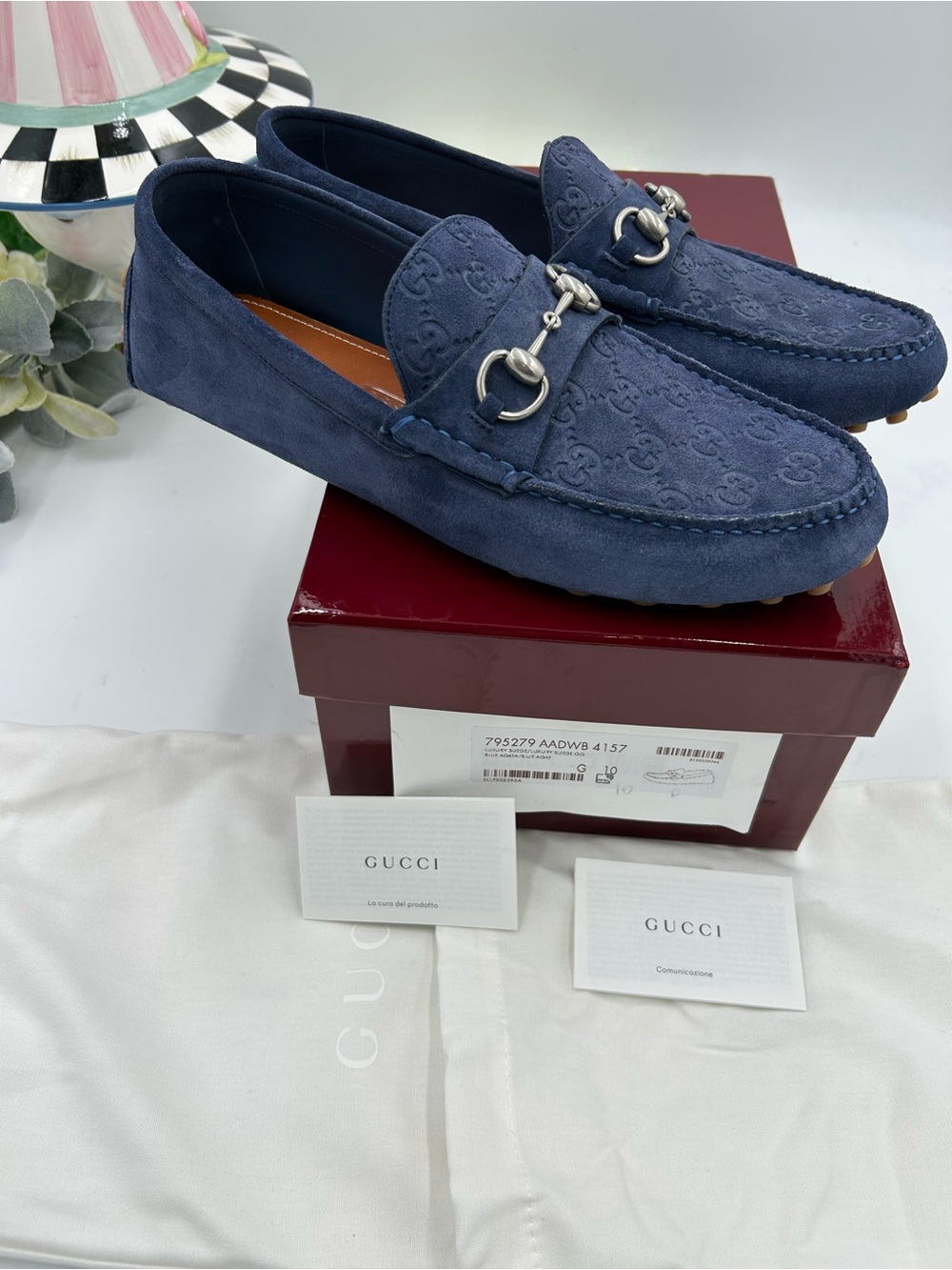 Men's Gucci GG embossed suede driver loafers size 10 fits 11 US made in Italy - Picture 10 of 13